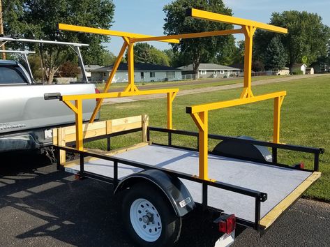 Kayak And Bike Trailer, Kayak Trailer Diy, Kayak Trailer Ideas, Jeep Camping Trailer, Kayak Rack For Truck, Canoe Trailer, Kayak Transport, Canoe Storage, Canoe Rack