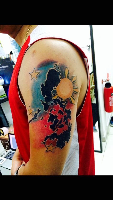 philippine flag tattoo Philippine Island Tattoo, Philippines Tattoo Ideas For Men, Philippine Map Tattoo, Philippine Tattoo Design, Philippine Flag Tattoo, Filipino Flag Tattoo, Philippines Tattoo Ideas, Philippines Tattoo, Filipino Tattoo