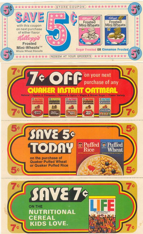 Vintage Coupon Design, 70 Graphic Design, Coupon Graphic Design, Coupon Aesthetic, Coupon Design Ideas, Valentine Graphic Design, 70s Packaging, 70s Graphic Design, Quaker Instant Oatmeal