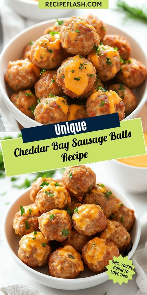 Looking for a mouthwatering appetizer that’s sure to impress at any gathering? The Cheddar Bay Sausage Balls bring together savory sausage and cheesy goodness in every bite! Don’t forget to save this recipe for your next party or game day snack! Cheddar Bay Sausage Balls, Bite Size Appetizers Easy, Horderves Appetizers, Sausage Cheese Balls, Cheddar Cheese Ball, Sausage Balls Recipe, Best Sausage, Bite Size Food, Classic Appetizers