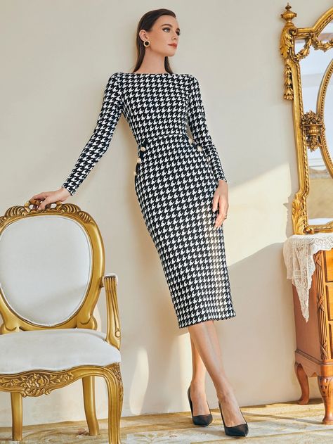 Black and White Elegant Long Sleeve Polyester Houndstooth Bodycon Slight Stretch Spring/Fall Women Dresses Bodycon Dress Long Sleeve, Bodycon Dress Long, Hot Sweater, Women Bodycon Dress, Work Wear Women, Tweed Dress, Dress Long Sleeve, Long Sleeve Bodycon Dress, Elegant Dress