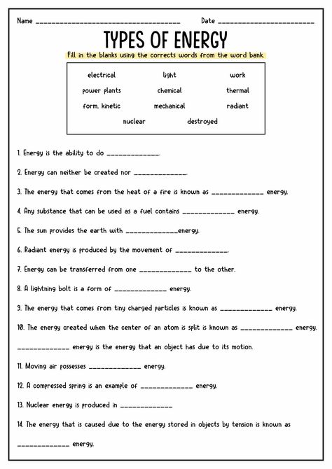 Different Forms of Energy Worksheets Science 6th Grade Worksheets, Science Worksheets Grade 6, Energy Transformation Worksheet, Science Energy Activities, Energy Worksheets Grade 4, Middle School Activity Sheets, Sources Of Energy Worksheet, Types Of Energy Worksheet, 8th Grade Worksheets Free Printable