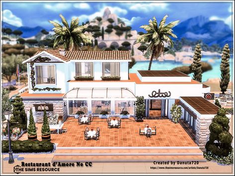 The Sims Resource - Restaurant d-Amore No CC Sims 4 Romantic Restaurant, Ts4 Restaurant Build, Sims 4 Restaurant No Cc, House With Palm Trees, Sims 4 Restaurant Build, Restaurant Sims 4, Sims 4 Dine Out Restaurant, Sims 4 Lots Restaurant No Cc, The Sims 4 Island Living Cc