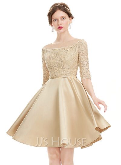 Gold Dress Short Classy, Formal Dresses Knee Length, Gold Dress Short, Gold Formal Dress, Satin Homecoming Dress, Minimalist Dresses, Long Gown, Knee Length Dresses, Custom Dresses