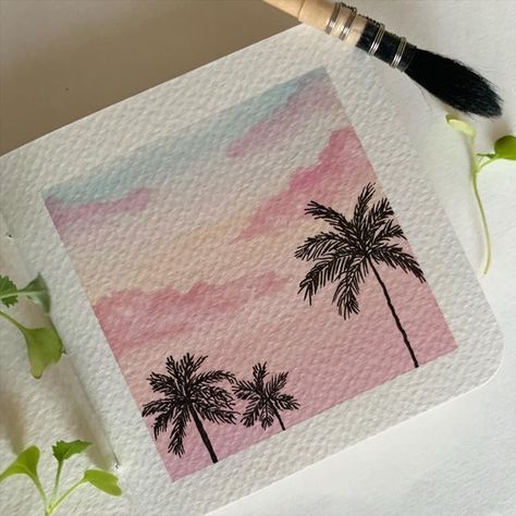 Pastel Shades Painting, Watercolour Polaroid Painting, Canvas Painting Trees Easy, Small Book Painting, Painting Of Palm Trees, How To Shade Watercolor, How To Shade With Watercolor, Mini Canvas Watercolor Paintings, Cute Water Colour Painting