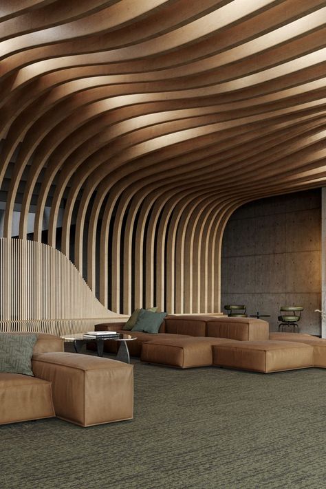 Google Interior Design, Curved Interior Architecture, Commercial Ceiling Ideas, Google Design Ideas, Biomorphic Interior Design, Acoustical Ceiling Panels, Acoustical Ceiling Design, Museum Lobby Design, Curved Wood Ceiling