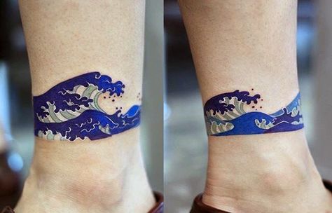 Blue Ink Great Wave Guys Simple Lower Legband Tattoos Simple Wave Tattoo, Wave Tattoo Design, Korean Tattoo Artist, Ankle Tattoo Designs, Wave Tattoo, Tattoo Zeichnungen, Disney Tattoo, Arm Band Tattoo, Tattoo Girls