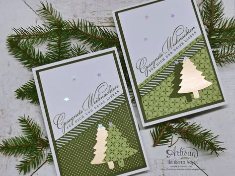 Stampin Up Weihnachtskarten mit DSP Weihnachten im Herzen und Stempelset Herzerwämend und Stanze Nadelbaum Sample Christmas Cards, Pop Up Christmas Cards, Simple Christmas Cards, Boxed Christmas Cards, Happy Merry Christmas, Family Christmas Cards, Homemade Christmas Cards, Stampin Up Christmas Cards, Christmas Tree Cards