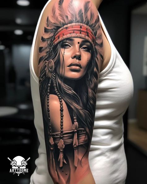 Embark on a cultural journey with these mesmerizing Indian sleeve tattoo ideas. Capturing the essence of high-contrast realism and… | Instagram Native American Female Tattoo, Indian Women Tattoo, Native Indian Tattoos, India Tattoo, Native American Tattoo Designs, Font Tato, Headdress Tattoo, Female Warrior Tattoo, 42 Tattoo