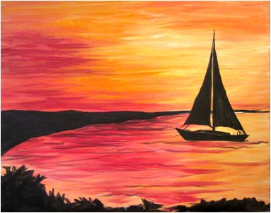 Painting Ideas Orange, Muse Paintbar, Boat Silhouette, Sea Boat, Boat Sailing, Wine And Canvas, Paint Nite, Silhouette Painting, Soft Orange