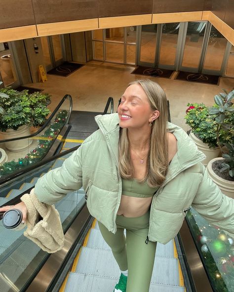 JENNI RHODES 💚 on Instagram: “afternoon holiday shopping in @summerstewart 🎄🛒🥰💚” Green Aesthetic Bright, Oversized Puffer Jacket Outfit, Jenni Rhodes, Sage Green Outfits, Green Puffer Jacket Outfit, Bright Sage Green, Green Jacket Outfit, Sage Green Aesthetic, Puffer Outfit