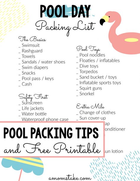 Printable pool day packing list! See our tips and tricks for packing for a pool day. Plus, print out this list to keep with your swimming supplies to make packing for the pool even easier! #tips #tricks #pool #packing #printable #momhacks Things To Pack For A Pool Day, Pool Day Checklist, What To Pack For A Pool Party, What To Pack To The Pool, Pool Party Planning Checklist, Swimming Pool Bag Essentials, Swimming Packing List, Pool Day Necessities, Pool Party Packing List