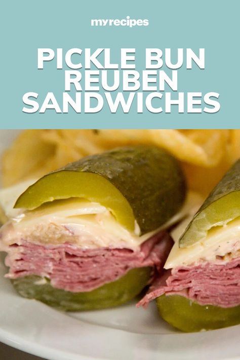 Substituting a jumbo pickle for a bun adds a ton of flavor and texture to this classic sandwich, all while making it keto-friendly. The pickle “bun” is super juicy and slightly crunchy, while the creamy dressing adds some bright tang and sweetness.#lunchrecipes #lunchinspo #lunchinspiration #lunchideas Pickle Sandwich, Reuben Sandwich Recipe, Reuben Sandwiches, Party Tray, Lunch Inspiration, Classic Sandwich, Sub Sandwiches, Creamy Dressing, Mini Sandwiches