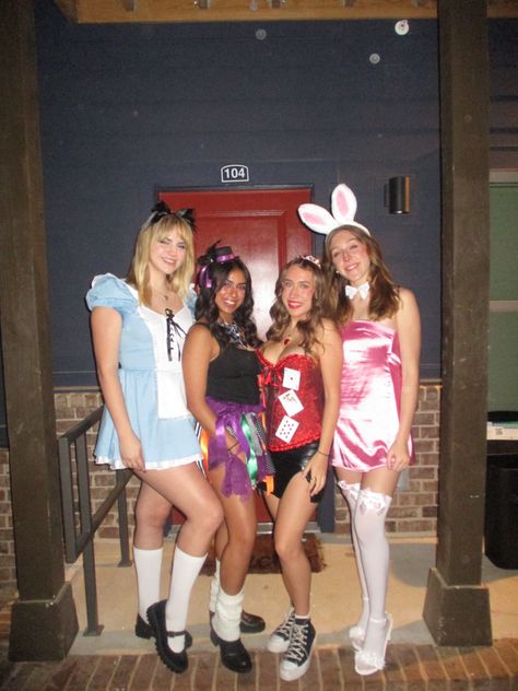 #halloweencostume#halloween#aliceandwonderland Four Girls Halloween Costume, Cute Girl Group Halloween Costumes, Group Girl Halloween Costumes, Hot Group Halloween Costumes, 4 People Halloween Costumes, Girl Group Halloween Costumes, Girl Group Costumes, Alice And Wonderland, Cute Group Halloween Costumes