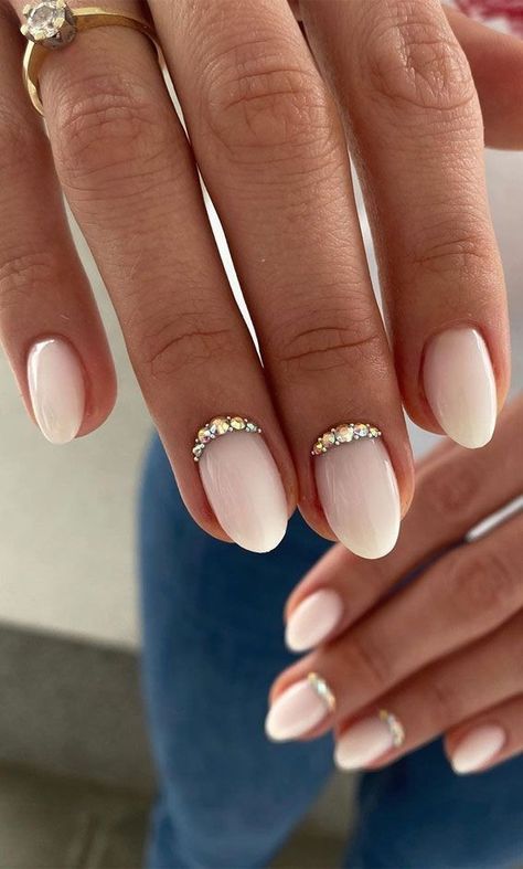 Wedding Picture Nails, Bridal Nails With Sparkle, Wedding Nails For Bride Milky White, Wedding Nails For Bride Jewels, Nail Ideas For Fall Wedding, Nails For A Bridesmaid, Reverse French Manicure Glitter, Wedding Nails Biab, Bohemian Wedding Nails For Bride