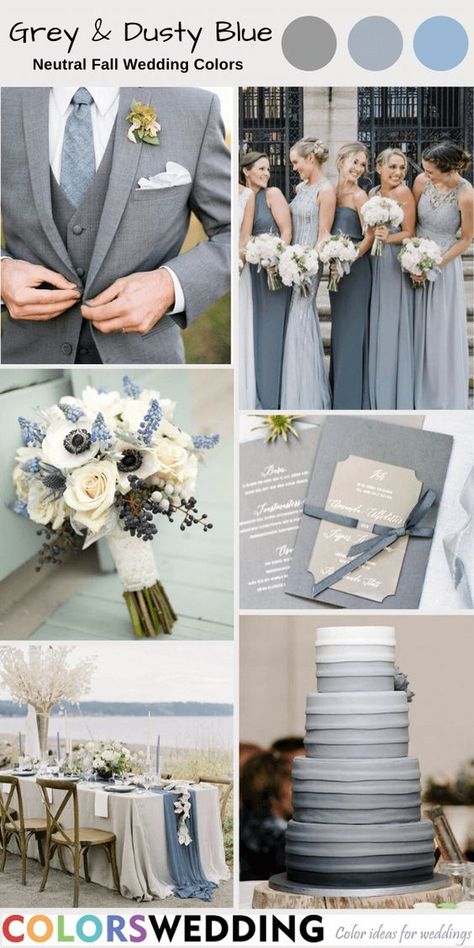 Wedding Colors - My Sweet Engagement Groom Tux Colors, Grey And Dusty Blue Wedding, Gray And Dusty Blue Wedding, Dusty Blue And Grey Wedding, Gray Blue Wedding, Neutral Fall Wedding, Blue Grey Wedding, Grey Wedding Cake, Fall Wedding Color Ideas