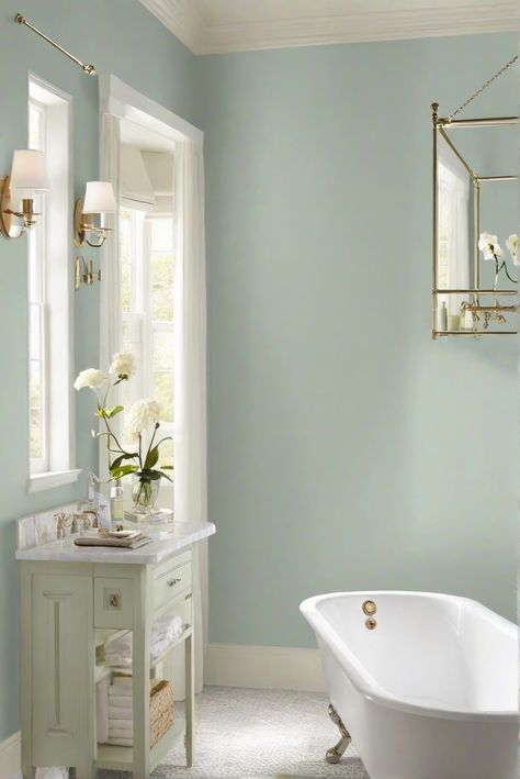 Bathroom Walls: Rainwashed SW 6211 - 2024 Wall Paint Guide - HOME CABINET EXPERT Pale Blue Bathroom Walls, Rainwashed Bathroom, Sw Rainwashed, Sherwin Williams Rainwashed, Rainwashed Sherwin Williams, Wall Paint Ideas, Pine Kitchen Cabinets, Calming Paint Colors, Blue Bathroom Walls