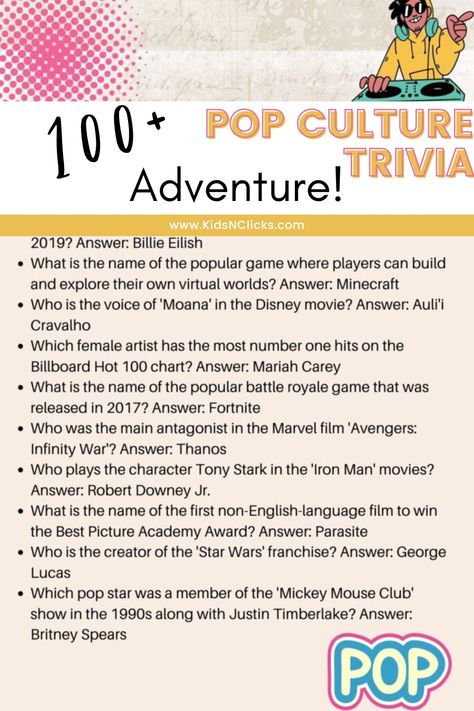 Click through to the blog for this 100+ pop culture trivia adventure! These 100+ questions include pop culture trivia questions for kids as well as pop culture trivia questions for adults (and all ages in between!). From music to iconic TV shows, this trivia quiz covers it all. Have fun during family night or family parties with this pop trivia game! All the details inside. Jepordy Game Questions Free Printable, Trivia Games For Adults, Trivia Questions For Adults, Pop Culture Quiz, Iconic Tv Shows, Trivia Questions For Kids, Classroom Assistant, Pop Culture Trivia, Challenging Questions