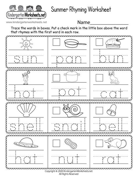 This summer-themed rhyming worksheet asks kids to find the rhyming word for each summer image. Children can also develop their vocabulary by tracing the three-, four-, and five- letter words that appear underneath the corresponding images. Language For Kindergarten Worksheets, Kindergarten Language Worksheets, Spelling Worksheets Kindergarten, Summer School Worksheets, Kindergarten English Worksheets, 1st Grade English, Rhyming Words Worksheets, Rhyming Worksheet, Summer Worksheets