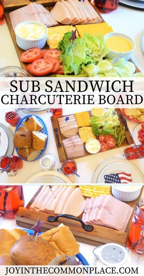 Are you planning a 4th of July meal or get together? A sub sandwich charcuterie board would be a great way to let your guests build their own subs! #patriotic #submarinesandwich #tablescape #holidays #mealideas Sandwich Charcuterie Board, Sandwich Buffet, Party Food Bars, Sub Sandwich, Sandwich Platter, Sandwich Bar, Party Sandwiches, Sandwich Trays, Sub Sandwiches