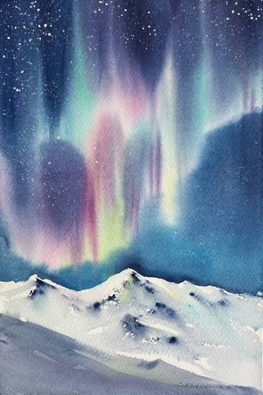 Northern Lights Watercolor, Nature Snow, Northern Lights Painting, Polar Lights, Barn Painting, Big Wall Art, Winter Watercolor, Diy Watercolor Painting, Art Watercolor Painting