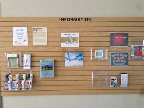 Slat wall to hold information Information Center Bulletin Board, Church Announcement Board, Church Information Center, Church Information Wall, Communication Wall, Hope Decor, Church Welcome Center, Church Wall Decor, Church Foyer