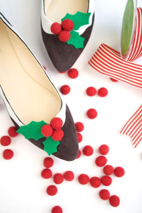 Novelty Christmas Figgy Pudding Flats Christmas Shoes Diy, Figgy Pudding, Diy Ugly Christmas Sweater, Christmas Attire, Diy Glitter, Christmas Shoes, Ugly Christmas Sweater Party, Holly Berry, Handmade Christmas Decorations