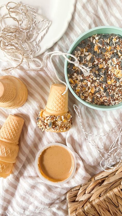 Dandelion Ice Cream, Ice Cream Cone Bird Feeder, Fairy Floss Ice Cream Cones, Peanut Butter Pinecone Bird Feeder, Handmade Bird Feeders Seed And Fat, Diy Bird Feeder, Diy Birds, Bird Seed, Ice Cream Cone