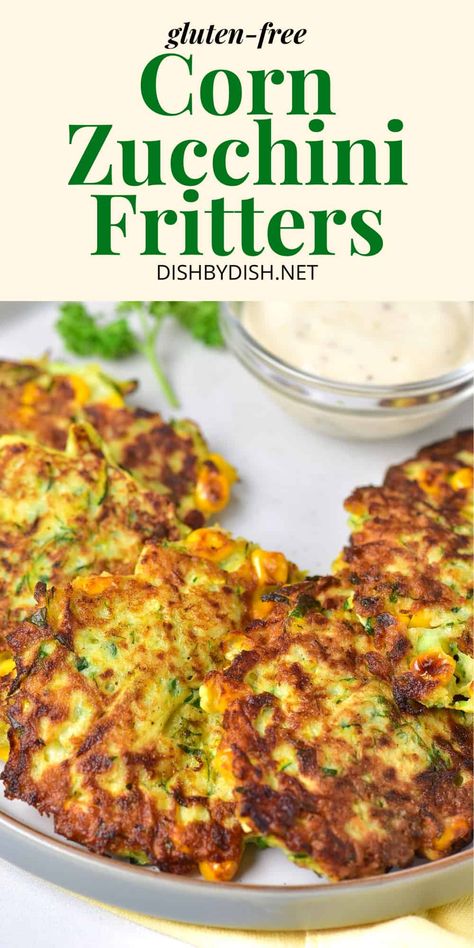 These deliciously crispy gluten-free zucchini fritters are perfect to use up the abundant zucchini in the summer! Tasty and savory, these zucchini and corn fritters also make a great snack, appetizer or side dish! Totally dairy-free too! Dairy Free Zucchini Recipes, Dairy Free Zucchini Fritters, Zucchini And Corn Fritters, Zucchini Corn Fritters, Sweet Corn Fritters, Bean Flour, Corn Fritters, Zucchini Fritters, Carb Foods