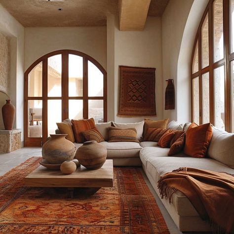 Sedona Interior Design, Desert Aesthetic Interior, Santa Fe Living Room Southwest Style, Spanish Inspired Living Room, Desert Room Aesthetic, Desert Home Aesthetic, Pueblo Decor, Modern Southwest Living Room, Artisan Interior