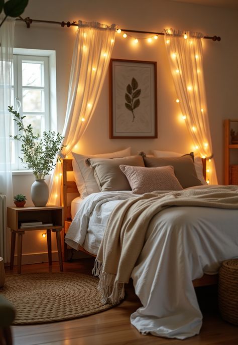 Boho Bedroom with Curtain Lights Bedroom With Twinkle Lights, Fairy Light Curtain Bedroom, Curtain Lights Behind Bed, Fairy Lights Behind Bed, Fairy Lights Bedroom Ideas Simple, Bedroom Curtain Lights, Curtain Lights Bedroom Ideas, Curtain Behind Bed, Curtain Lights Ideas