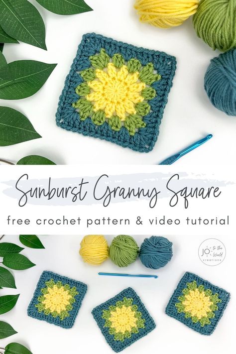 Starburst Granny Square Pattern, Small Granny Square Pattern, Sunburst Granny Square Pattern, Granny Squares Ideas, Crochet Sunburst Granny Square, Starburst Granny Square, Sunburst Crochet, Easy Granny Square, Knitting Kids