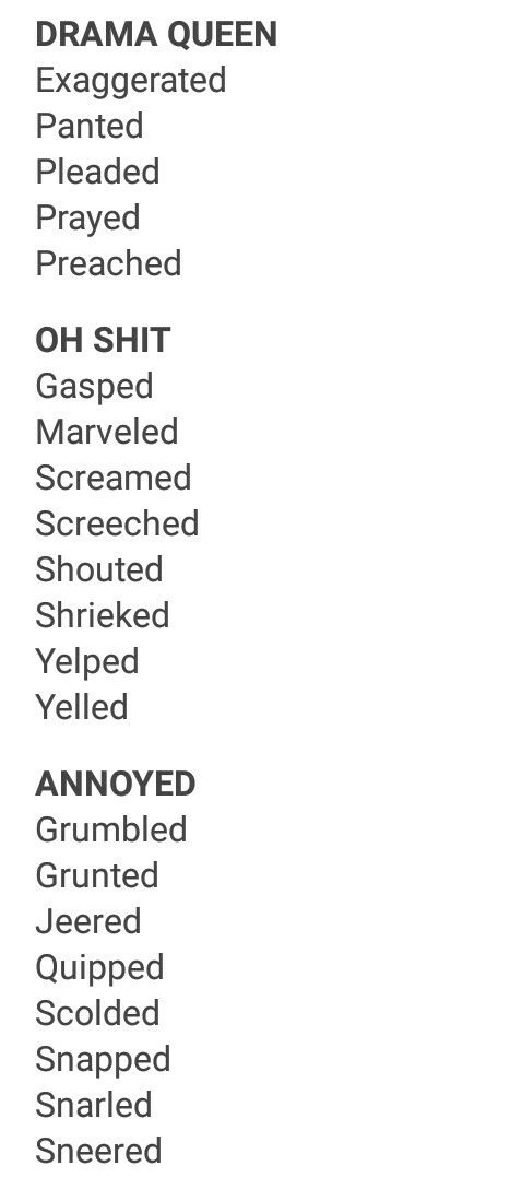 How To Show Concern In Writing, How To Write Sassy Characters, How To Write Arrogant Characters, Other Words For Scream, Other Words For Asked, Film Memes, Writing Things, Writing Dialogue Prompts, Creative Writing Tips