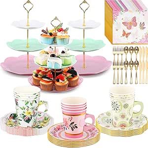 Layhit 83 Pcs Tea Party Decorations Include Disposable 12 Sets 9 Oz Paper Tea Cups with Handle and Saucers Floral Napkins 3 Tire Cake Stand Tea Serving Platter Tableware for Girl's Birthday Vintage Tea Party Decorations, Tire Cake, Tea Party Cupcakes, Paper Tea Cups, Tea Party Supplies, Tea Time Party, Party Serving, Floral Napkins, Tea Party Decorations