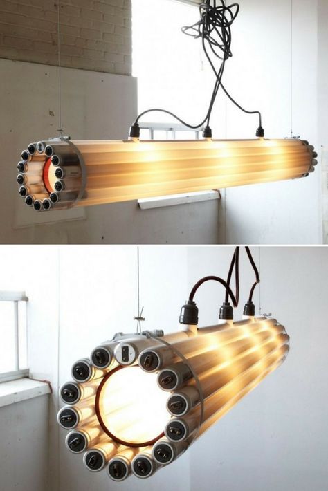 The Recycled Tube Light is made from burnt-out fluorescent tubes and is lit using centrally placed bulbs. The fluorescent bulbs have been reclaimed from architecturally significant buildings in Canada, such as the TD Tower designed by Mies van der Rohe, Toronto’s Old City Hall and University of Toronto. #concept #lamp #led #lightbulb #lighting #lightingdesign #pendantlamp #recycle Lampshade From Recycled Materials, Tube Light Design, Recycled Lighting, Hotel Lighting, Architectural Lighting Design, Automotive Decor, Fluorescent Lamp, Fluorescent Tube, Tube Light