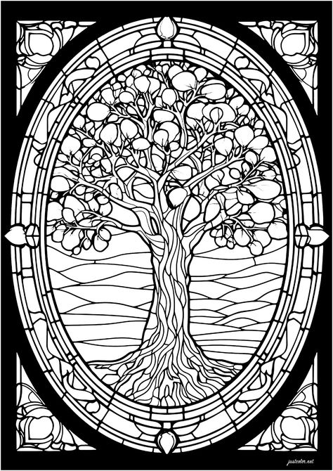 Stained glass tree. A majestic tree with intricate patterns to color Stained Glass Coloring Pages, Coloring Pages For Grown Ups, Window Stained, Shingle Colors, Pretty Trees, Rainbow Canvas, Tree Coloring Page, Pattern Coloring Pages, Stained Glass Window Panel