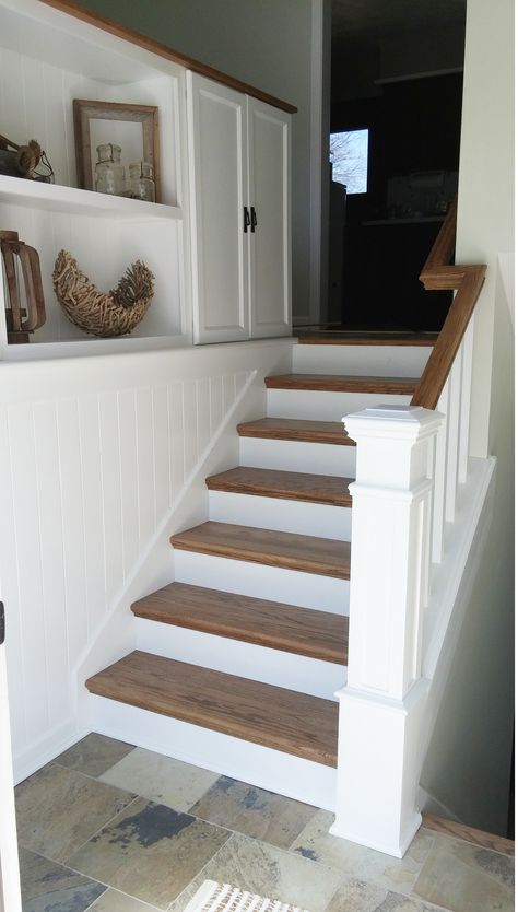 DIY split entry remodel, added storage, planking to tie the wall and cabinets together, changed railings, built newel, new slate tile floor. Split Foyer Entry, Split Foyer Remodel, Split Entry Remodel, Raised Ranch Remodel, Split Level Entryway, Split Level Remodel, Split Entry, Split Foyer, Ranch Remodel