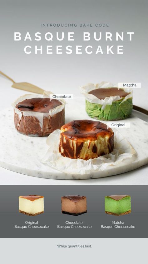 Chocolate Burnt Cheesecake, Chocolate Basque Burnt Cheesecake, Matcha Basque Burnt Cheesecake, Basque Cheesecake Packaging, Burn Basque Cheesecake, Matcha Basque Cheesecake, Chocolate Basque Cheesecake, Cheesecake Design Ideas, Bakery Menu Ideas