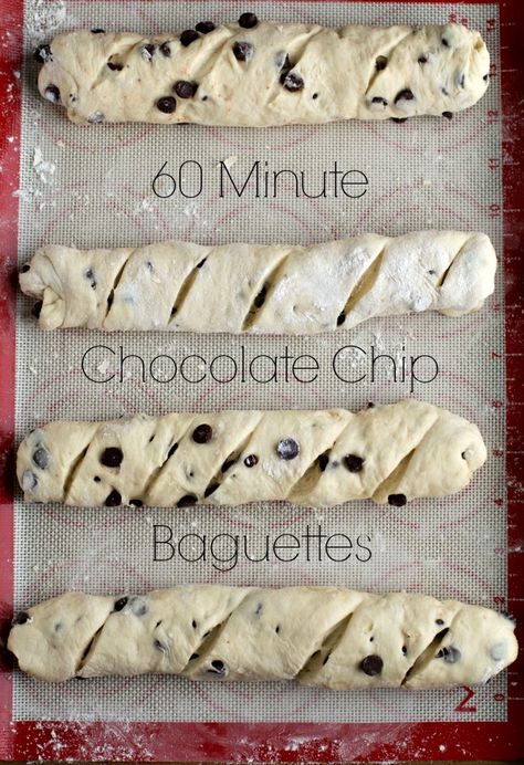 Chocolate Chip Baguettes - baguettes with a crisp/chewy crust and a soft interior full of melty chocolate that are made from scratch in just 60 minutes! Baguette Recipe, Homemade Chocolate Chips, Dessert Bread, Bread And Pastries, Made From Scratch, Cannoli, Easy Chocolate, Mini Chocolate Chips, Bread Rolls