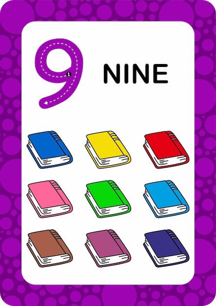 Numbers flashcards number nine education... | Premium Vector #Freepik #vector #math-game #activity-book #math-kids #kindergarten-cartoon Flashcards For Numbers, Number Posters Free, Preschool Number Cards, Numbers Preschool Printables, Math Number Cards, Cartoon Flash, Kids Learning Numbers, Numbers Flashcards, Alphabet Flash Cards Printable