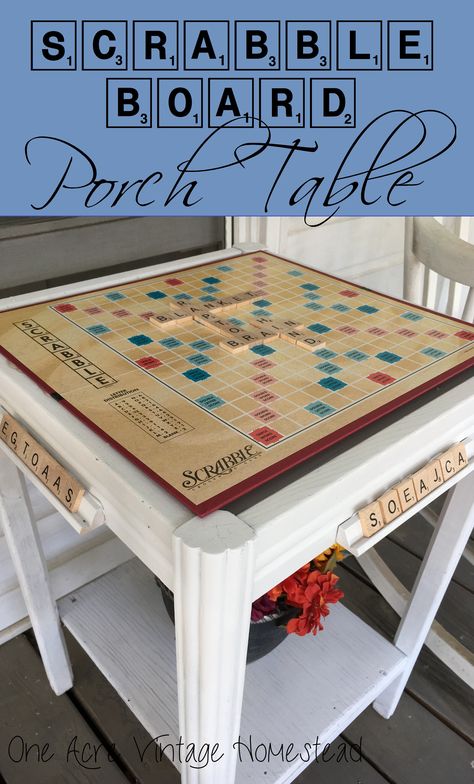 Upcycle that old Scrabble Board and attach it to a table on your porch. It helps to play all the time. Scrabble Board Porch Table from One Acre Vintage Homestead #upcycle #scrabblecrafts Cocina Shabby Chic, Scrabble Game, Porch Table, Scrabble Board, Board Table, Board Game Table, Game Table, Shabby Chic Kitchen, Chic Kitchen