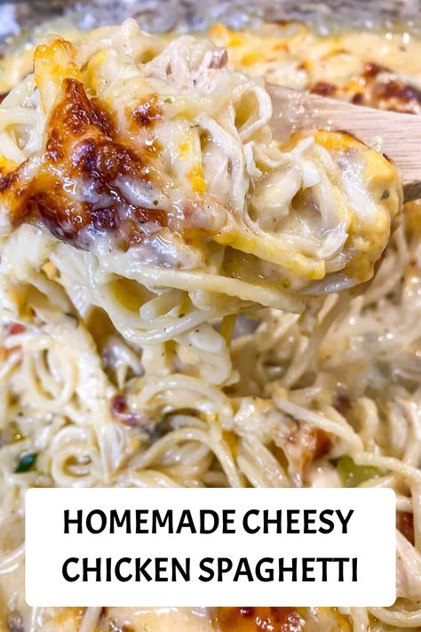 Cheesy and Creamy Chicken Spaghetti is the perfect solution for a weeknight meal. Loaded with tender pieces of chicken and noodles, all nestled in a super flavorful creamy sauce. Rotisserie Chicken Recipes With Pasta, White Chicken Spaghetti, Noodles Chicken Recipes, Chicken With Spaghetti Noodles, Italian Chicken Spaghetti Recipe, Chicken Spaghetti Recipe Without Velveeta, Chicken Spaghetti No Velveeta, Chicken Spaghetti Without Rotel, Chicken Spaghetti Without Canned Soup