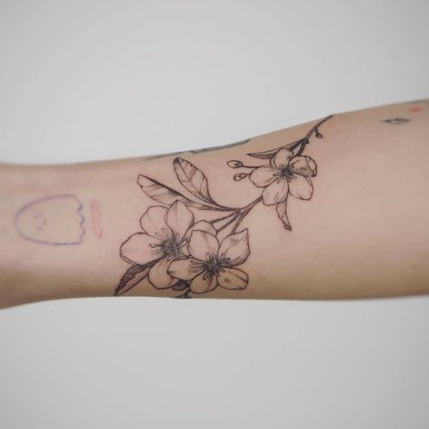 Syringa Tattoo, Apple Blossom Tattoo, Apple Blossom Tattoos, Floral Arm Tattoo, Apple Flowers, Blossom Tattoo, Apple Blossom, Tattoo Inspo, Flower Tattoos