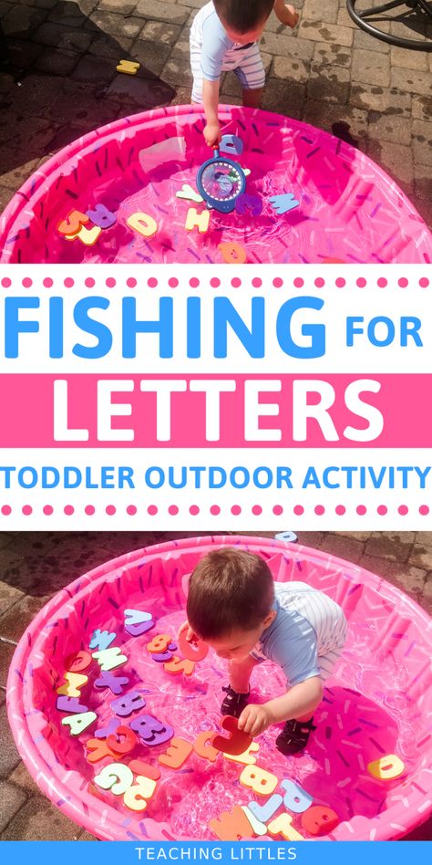 Fishing For Letters, Outdoor Activities For Toddlers, Learn Letters, Toddler Outdoor, Baby Play Activities, Baby Learning Activities, Daycare Activities, Toddler Play, Busy Toddler