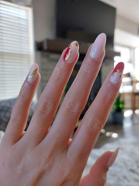 Red and white valentines nails Milky White And Red Nails, Milky White, Valentines Nails, Nails Nails, White Nails, Red Nails, Nail Design, Gold Foil, Foil