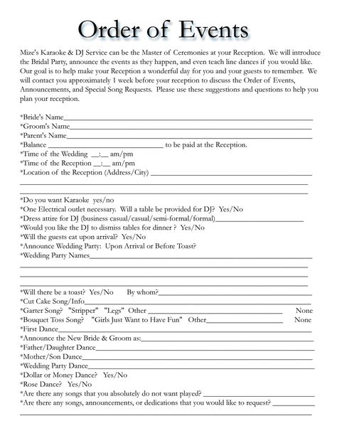 order of events for wedding dj Wedding Dj Checklist, Wedding Reception Schedule, Reception Order Of Events, Wedding Reception Checklist, Itinerary Template Free, Wedding Day Timeline Template, Reception Timeline, Wedding Reception Timeline, Wedding Day Itinerary