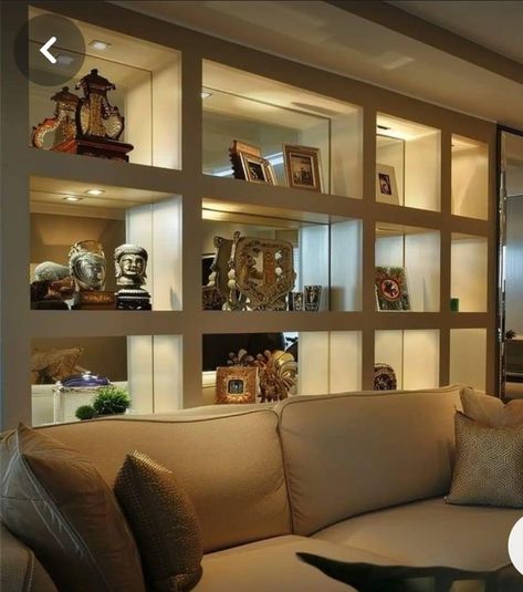 Mirror Backed Bookcase, Mirror Wall Design Ideas, Lights Behind Tv, Mirror Wall Design, Mirror Wall Panel, Mirrored Walls, Warm Dining Room, Creative Mirror, Mirror Interior Design