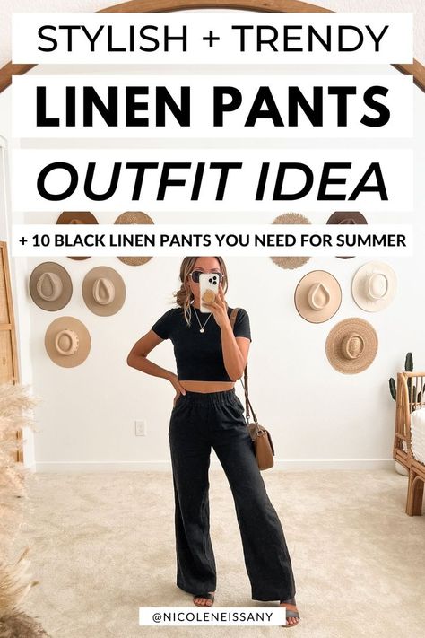 black linen pants outfit idea for beach, vacation, and 2024 summer fashion outfits Black Linen Pants Outfit Summer, Linen Pants Outfit Summer Casual, Resort Casual Attire Women, Black Linen Pants Outfit, Women Summer Outfit Ideas, Casual Outfits For Women Summer, Chill Summer Outfit, Cute Casual Summer Outfits, Linen Pants Outfit Summer