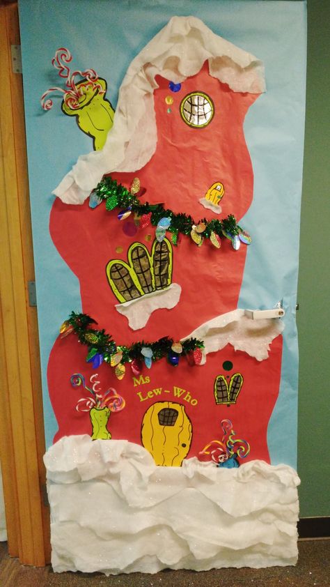 Whoville House Door Decoration, Grinch Door Decorations Classroom Whoville, Whoville Office Door Decorating Ideas, Grinchmas Door Decorations, Easy Grinch Door Decorations, Whoville Christmas Classroom Door, Grinch Theme Classroom Door, Welcome To Whoville Door Decoration, Grinch Teacher Door