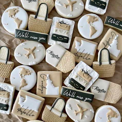 Bon Voyage Cookies Decorated, Farewell Cookies Decorated, Goodbye Cookies Decorated, Goodbye Cookies For Coworkers, Travel Bridal Shower Cookies, We Will Miss You Cookies, Moving Cookies Decorated, Goodbye Party Themes, Retirement Royal Icing Cookies